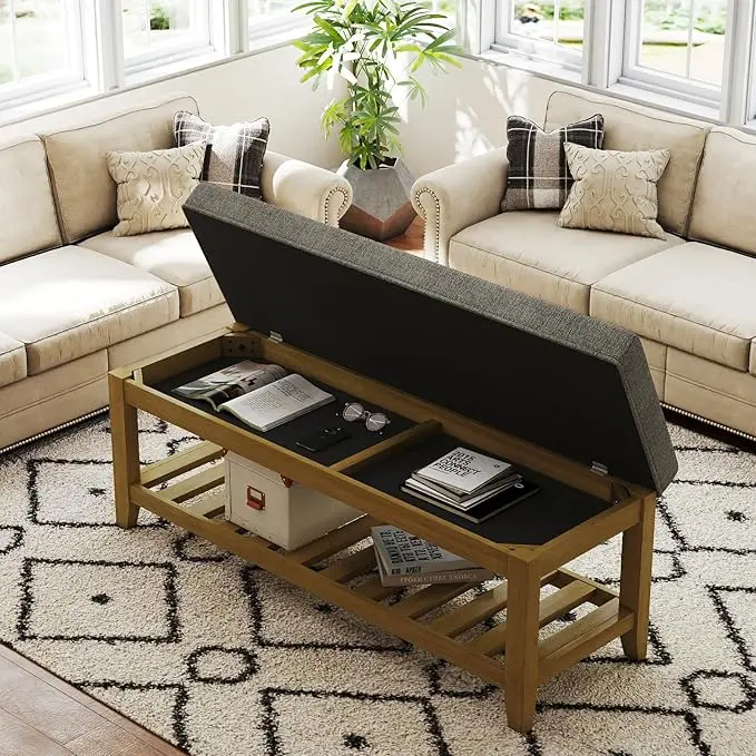 Befurtori Large Rectangular Upholstered Ottoman Bench, Linen Tufted Footrest