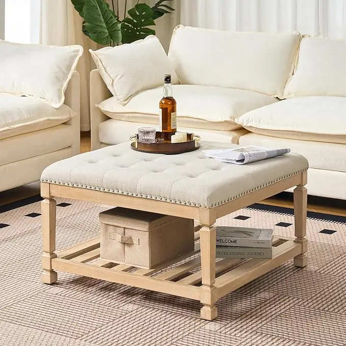 Befurtori Large Square Ottoman Coffee Table, Linen Solid Upholstered Footrest
