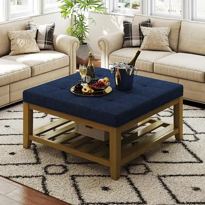 Befurtori Large Square Ottoman Coffee Table, Linen Solid Upholstered Footrest