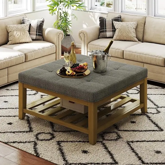 Befurtori Large Square Ottoman Coffee Table, Linen Solid Upholstered Footrest
