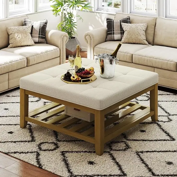 Befurtori Large Square Ottoman Coffee Table, Linen Solid Upholstered Footrest