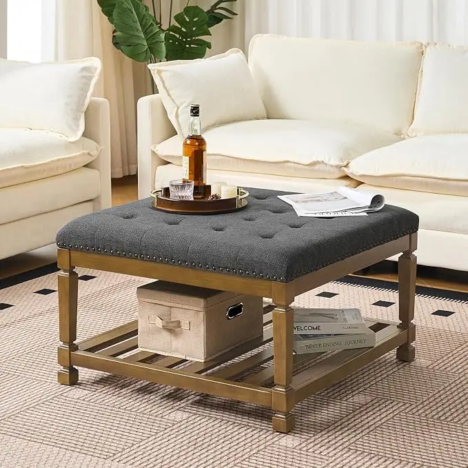 Befurtori Large Square Ottoman Coffee Table, Linen Solid Upholstered Footrest