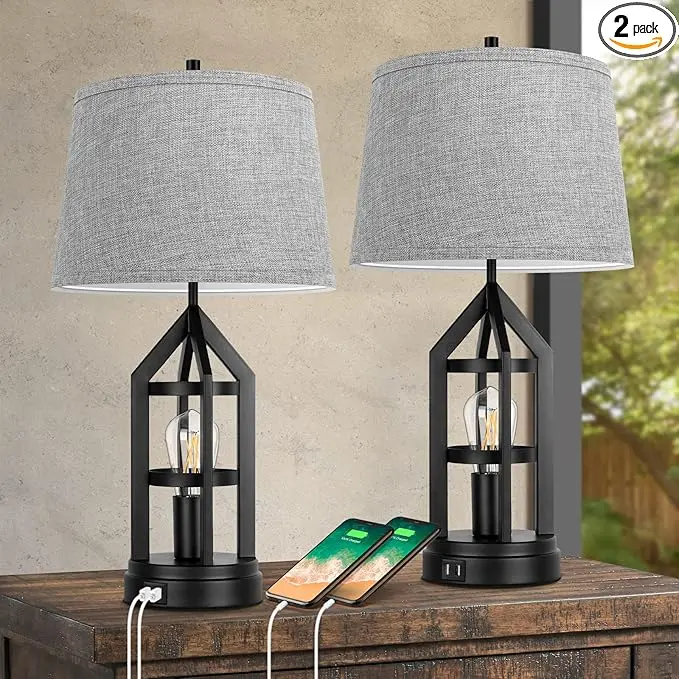 BesLowe 2-Light Farmhouse Rustic Touch Table Lamps Grey, 3-Way Dimmable Bedside