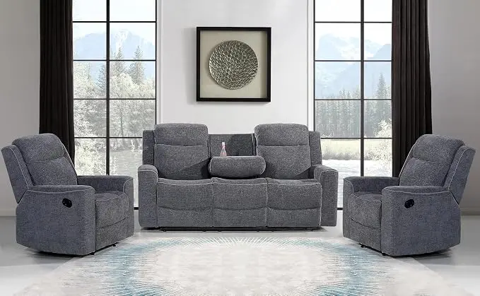 Betsy Furniture Soft Microfiber Manual Reclining Sofa Set, Sofa w/Dropdown Table