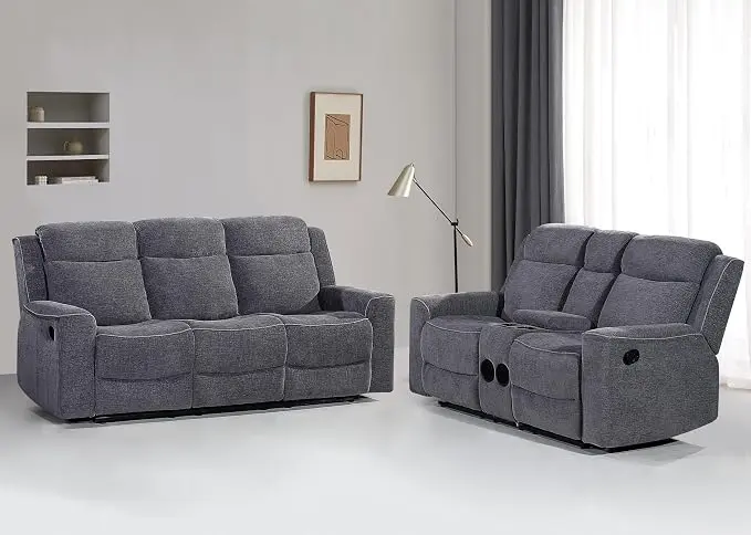 Betsy Furniture Soft Microfiber Manual Reclining Sofa Set, Sofa w/Dropdown Table