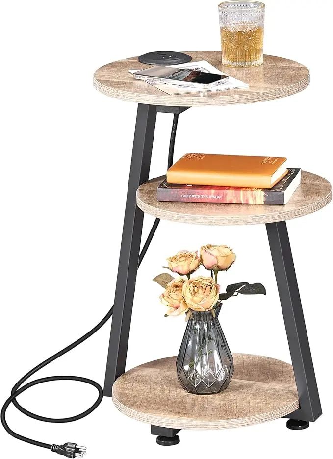 BEWISHOME Round End Table with Charging Station, Side Accent Table with 3-Tier