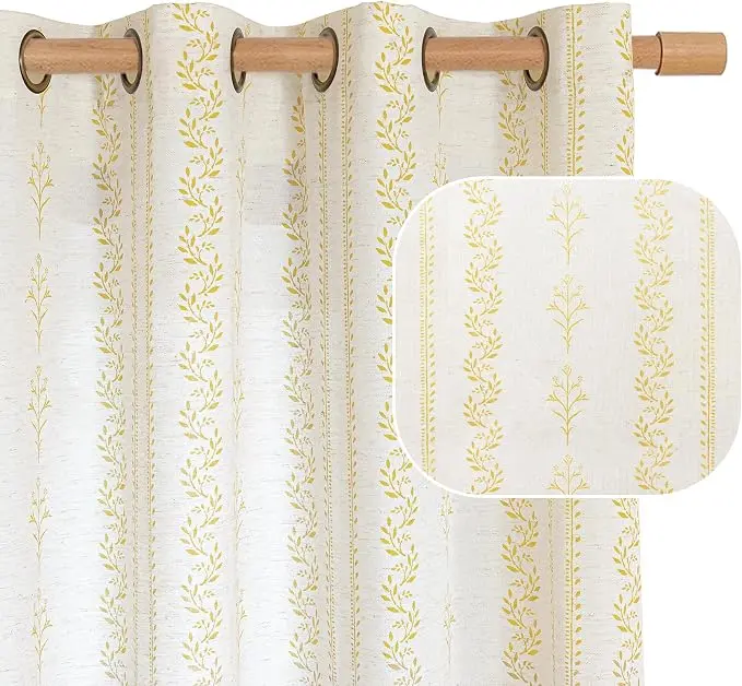 BGment Mustard Yellow Vintage Floral Linen Curtains