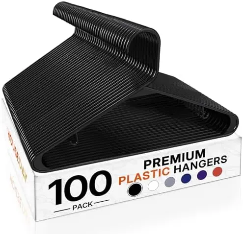 Black Plastic Hangers 100 Pack, Slim Space-Saving Clothes Hangers