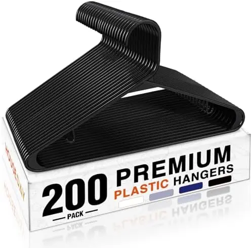 Black Plastic Hangers 200 Pack, Slim Space-Saving Clothes Hangers