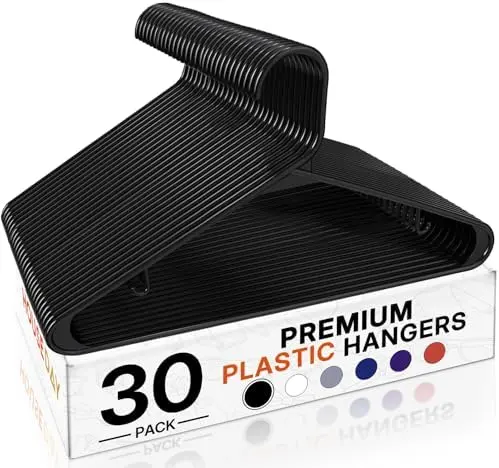 Black Plastic Hangers 30 Pack, Slim Space-Saving Clothes Hangers