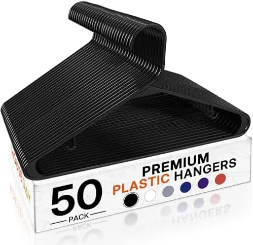 Black Plastic Hangers 50 Pack, Slim Space-Saving Clothes Hangers