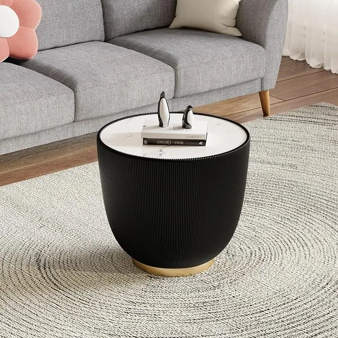 Black Round Side Table, 19.7" Faux Marble Fluted End Table