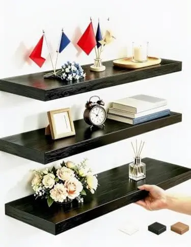 Black Rustic Floating Wall Shelves 15in Set of 3 Hidden