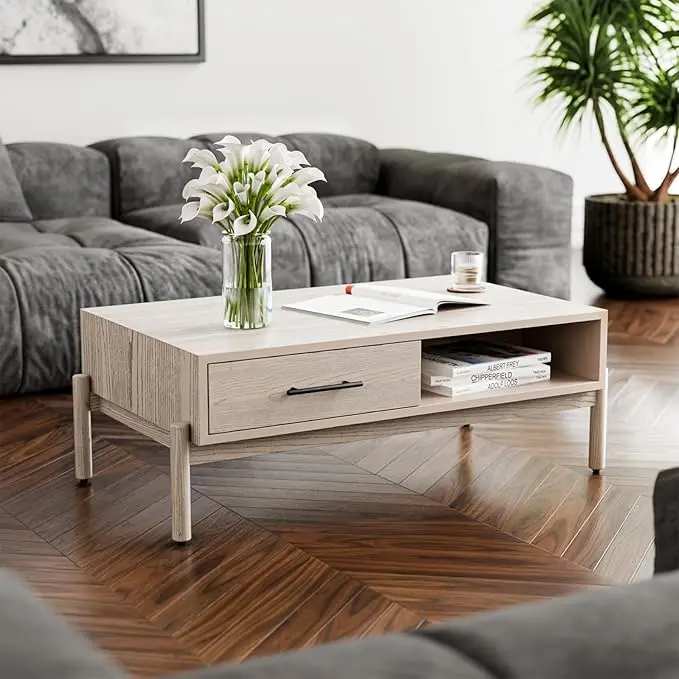 Bme Coffee Table for Living Room, Lyra Solid Wood Rectangle, Mid Century Modern