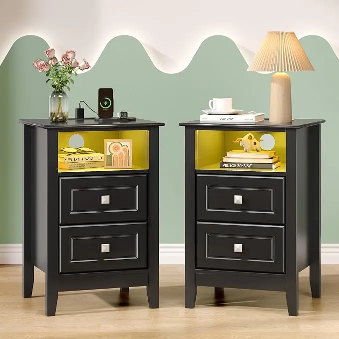 Bonnlo Black Nightstand Set of 2