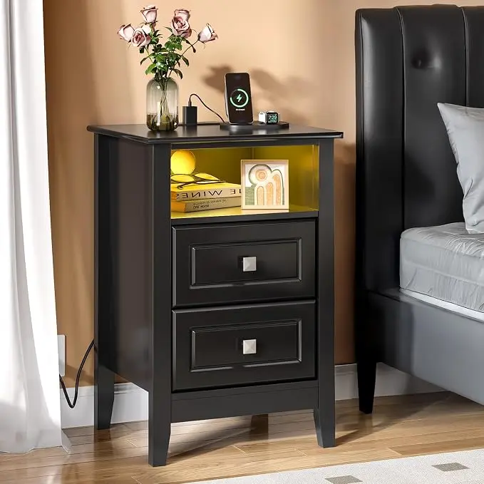 Bonnlo Led Nightstand with Charging Station, Night Stand Black Bedside Table