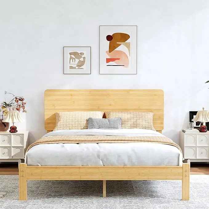 BOSRII 12in High Solid Bamboo Wood Platform Queen Size Bed Frame
