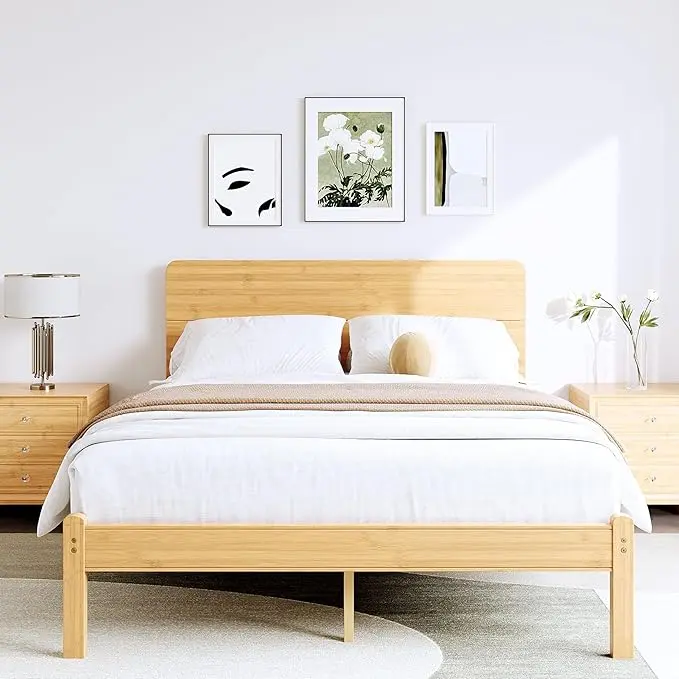 BOSRII 14in High Solid Bamboo Wood Platform Queen Size Bed Frame