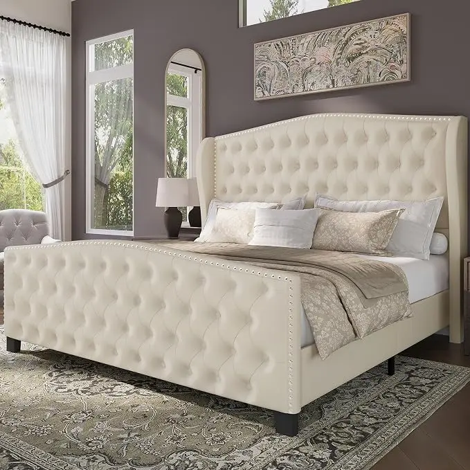 BRELTAM Upholstered King Size Bed Frame Velvet Beige Tufted Platform Bed Frame