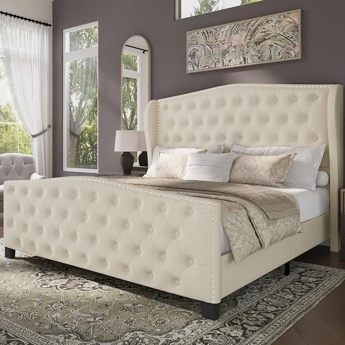 BRELTAM Upholstered Queen Size Bed Frame Velvet Beige Tufted Platform Bed Frame