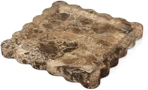 Brown Marble Tray, Scalloped Coffee Table Tray Decor, 8" Square Tray