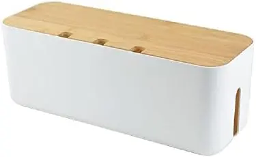 Cable Management Box with Bamboo Lid, Large Power Strip Organizer, White