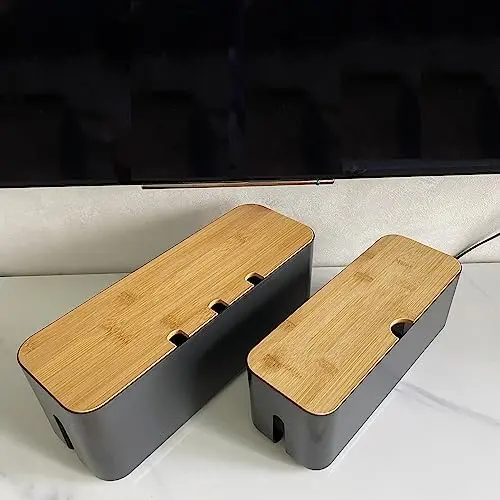 Cable Management Box with Bamboo Lid, Power Strip Organizer, Black 2PCS