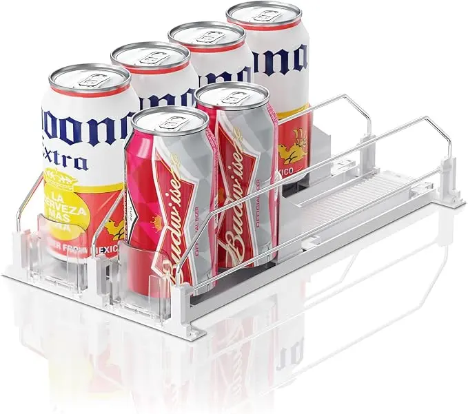 Can Dispenser for Mini Fridge (Depth ≥12.2" Required), Fits 12oz Soda, Width Adjustable Automatic Pusher, 2-Row Holds 8 Cans, White