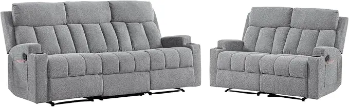CANMOV Manual Recliner Sofa Set, Fabric Reclining Sofa Chair