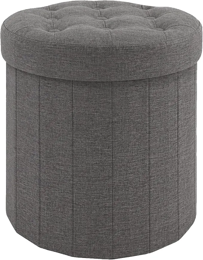 CAROLMADE Round Storage Ottoman, Linen Folding Footrest Stool