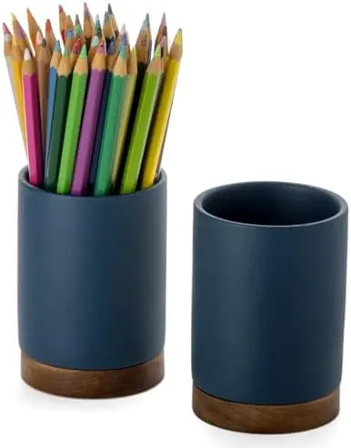 Ceramic Pen Holder for Desk, Pencil Cup, (Royal Blue, Set / 2)