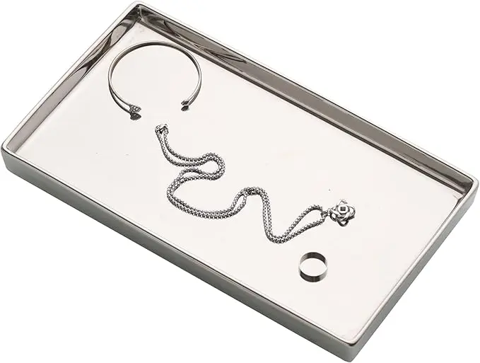 Ceramic Trinket Tray Rectangte Vanity Jewelry Organizer Makeup Mirror Tray Silvery Medium