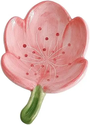 Ceramic Tulip Shaped Pink Soap Dish for Shower, Kitchen, Bedroom
