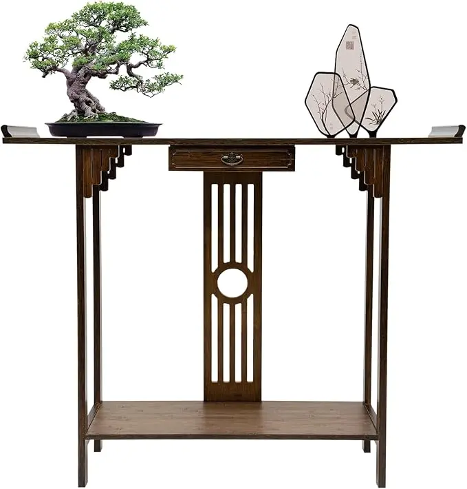 Chinese Style Vintage Console Table, 40In 2 Tiers Bamboo Sofa Consoles Table