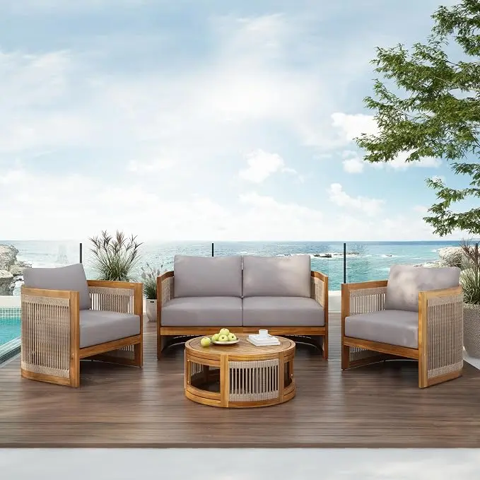 Christopher Knight Home Nesbit 4 Pieces Conversation Set, Acacia Wood Chat Set