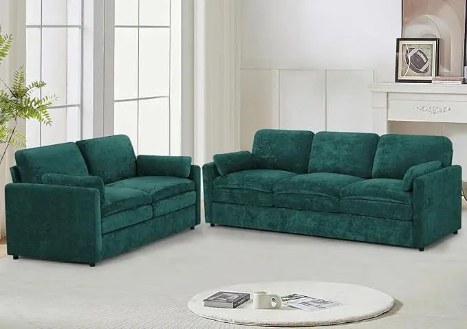 Classic Chenille Sofa Set with 2 Extra Armrest Pillows, Loveseat and 3-Seat