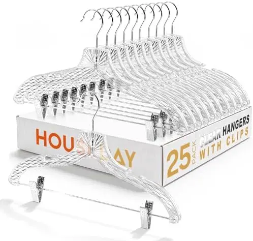 Clear Hangers with Clips 25 Pack, Set Hanger for Tops and Bottoms