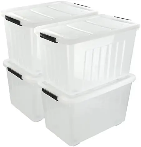 Clear Large Storage Bins with Lids and Wheels, 70L, 4-Pack