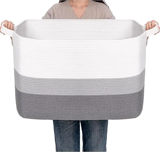 CLHMILY&Z Stylish Square Cotton Rope Storage Basket (Grey & White, 110L)