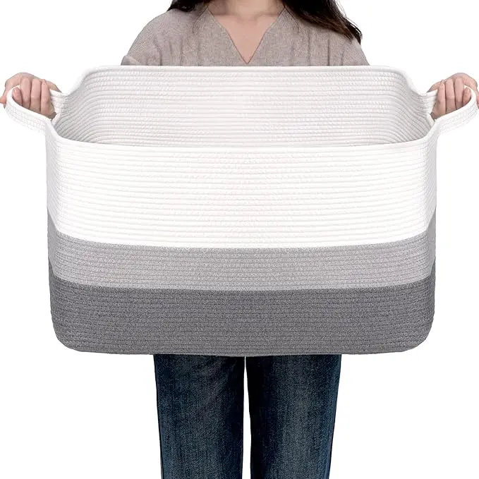CLHMILY&Z Stylish Square Cotton Rope Storage Basket (Grey & White, 85L)