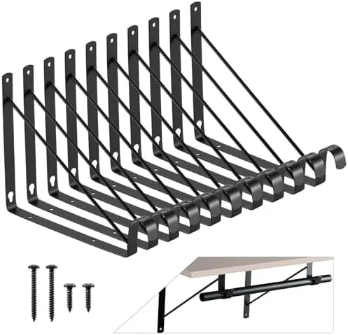 Closet Rod Brackets 11x9.5in, 10 Pack Closet Shelf Brackets, Black