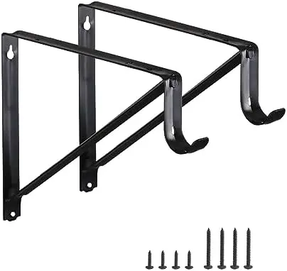 Closet Rod Brackets 11x9.5in, Closet Shelf Brackets 2 Pack, Black