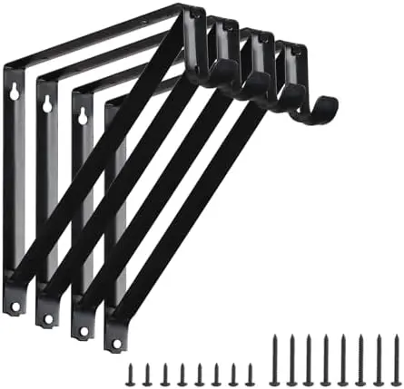 Closet Rod Brackets 11x9.5in, Closet Shelf Brackets 4 Pack, Black