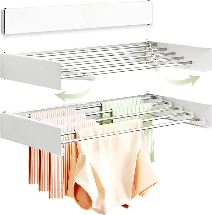 Clothes Drying Rack Wall Mounted 32“,Drying Rack Clothing Wall Mount,Laundry Drying Rack,Wall Mounted Clothes Hanging Rack (White)