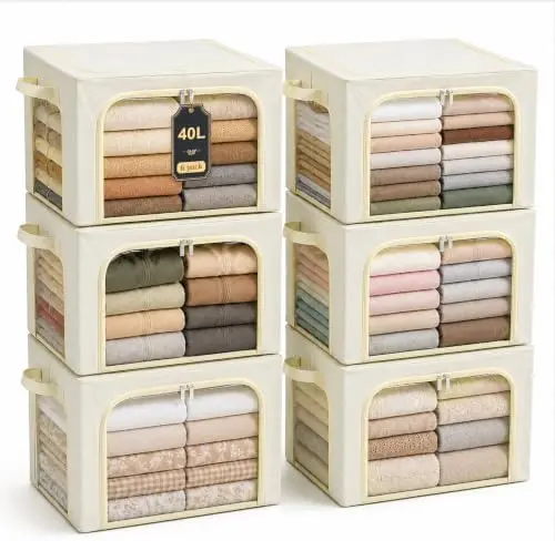 Clothes Storage Bins with Metal Frame for Closet, 40L 6-Pack Beige