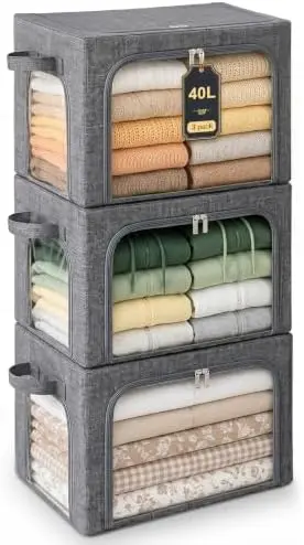 Clothes Storage Bins with Metal Frame for Sweaters, 40L 3-Pack Grey