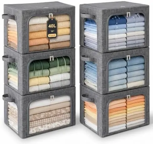 Clothes Storage Bins with Metal Frame for Sweaters, 40L 6-Pack Grey