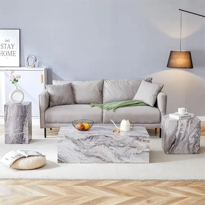Coffee Table Set for 3, Living Room Table Set, Faux Marble Coffee Table and