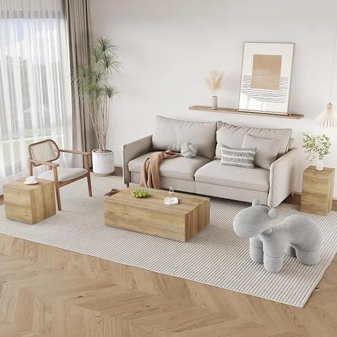 Coffee Table Set for 3, Living Room Table Set, Wood Coffee Table and Side Table