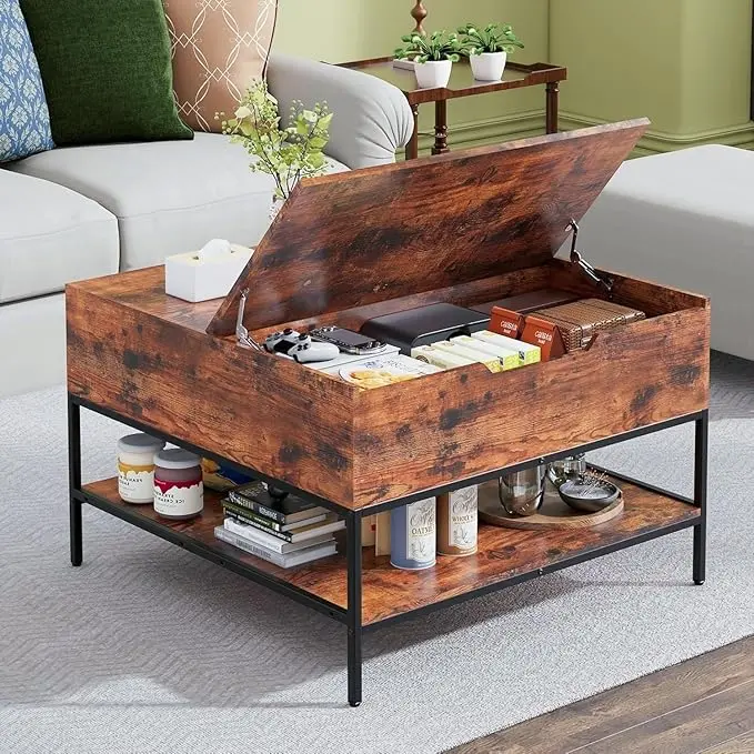 Coffee Table with Storage, Square Coffee Table with Display Shelf and Hidden